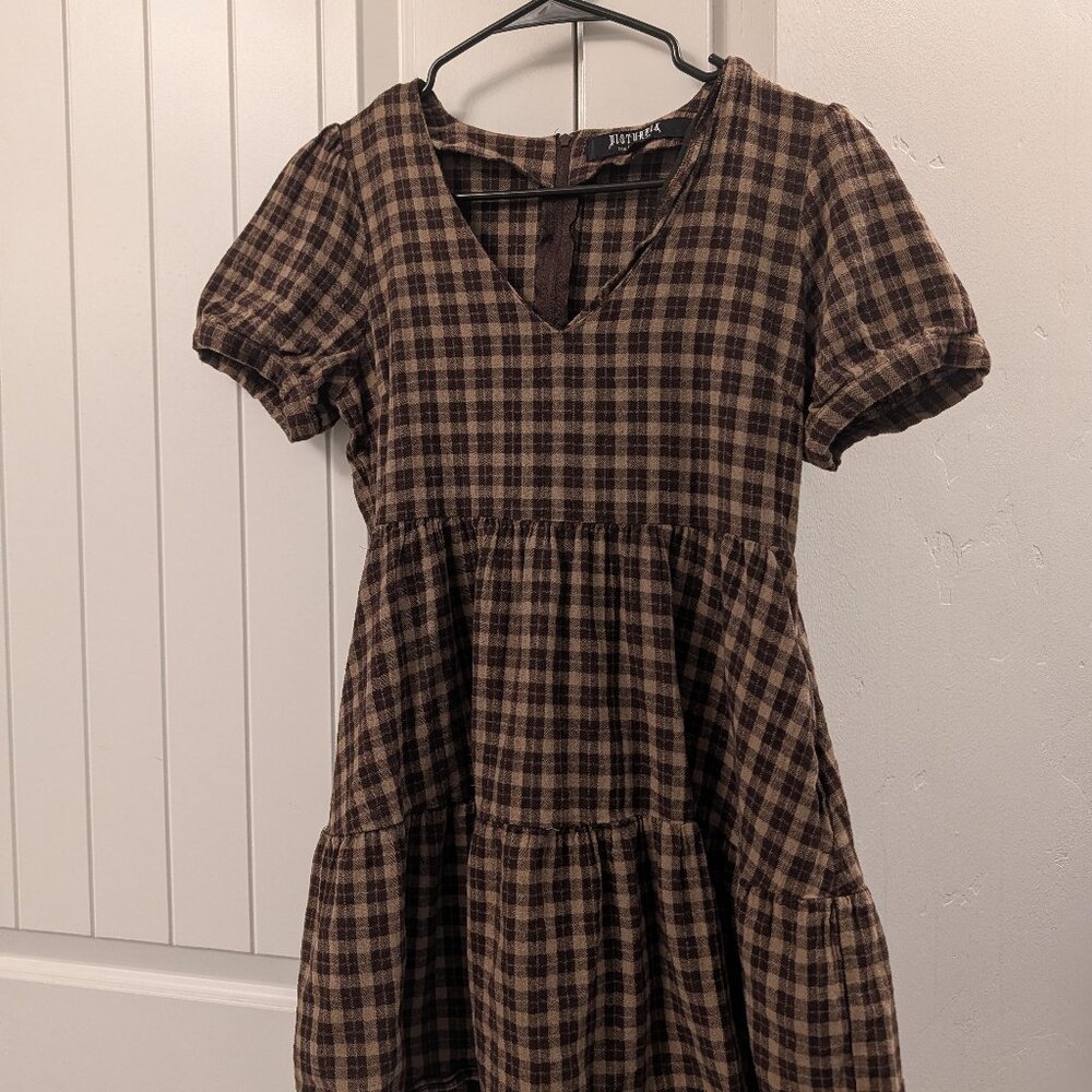 Disturbia- Brown Plaid V-Neck Tiered Short Dress - Picture 2 of 8